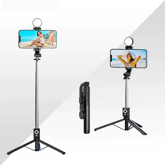 "CapturePro 360: Ultimate Selfie Stick, Tripod Stand, Light, and Bluetooth Remote Combo"